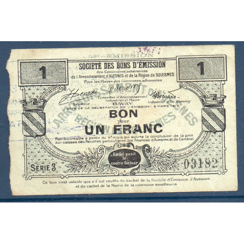 Bon Arrondissement Avesnes, TB, 5.3.1916 Pirot 59-203 Billet Bon Arrondissement Avesnes, TB, 5.3.1916 Pirot 59-203 Billet