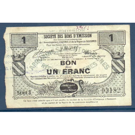 Bon Arrondissement Avesnes, TB, 5.3.1916 Pirot 59-203 Billet