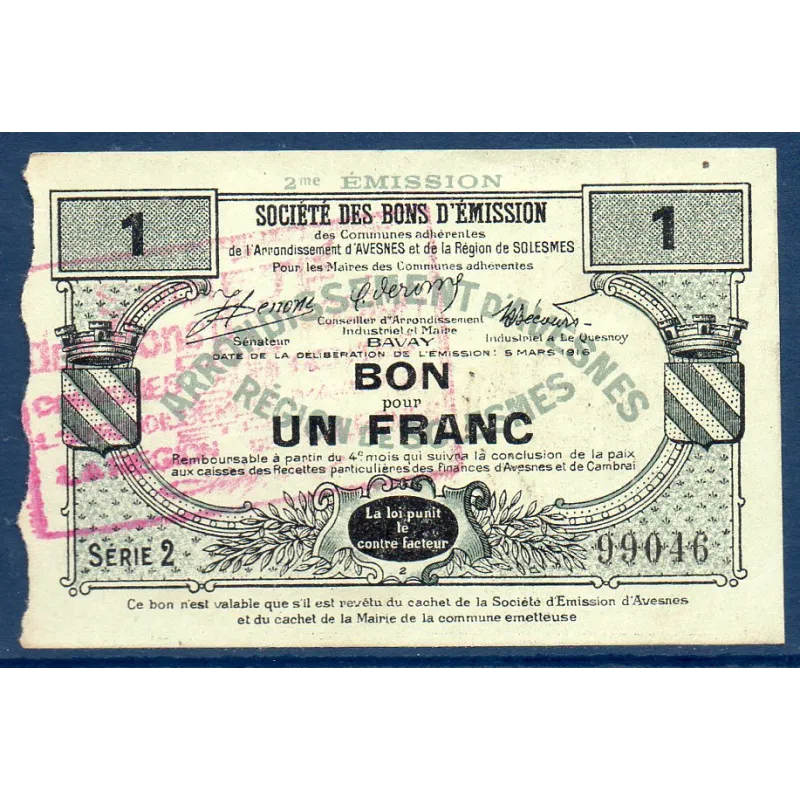Bon Arrondissement Avesnes, Sup, 5.3.1916 Pirot 59-203 Billet Bon Arrondissement Avesnes, Sup, 5.3.1916 Pirot 59-203 Billet