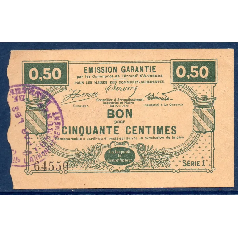Bon Arrondissement Avesnes, TTB, ND Pirot 59-188 Billet