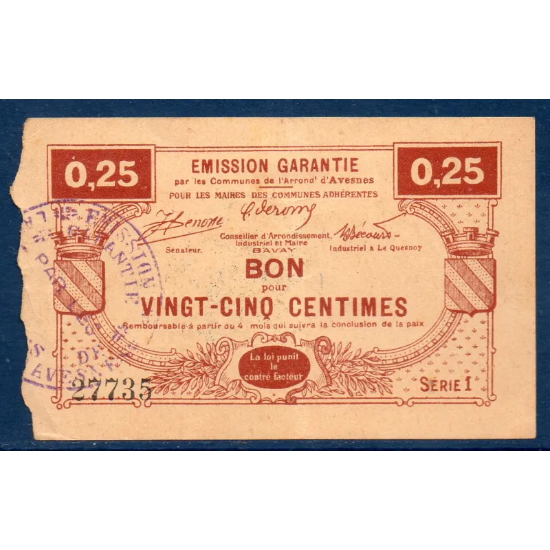 Bon Arrondissement Avesnes, TB, ND Pirot 59-187 Billet Bon Arrondissement Avesnes, TB, ND Pirot 59-187 Billet