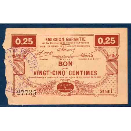 Bon Arrondissement Avesnes, TB, ND Pirot 59-187 Billet