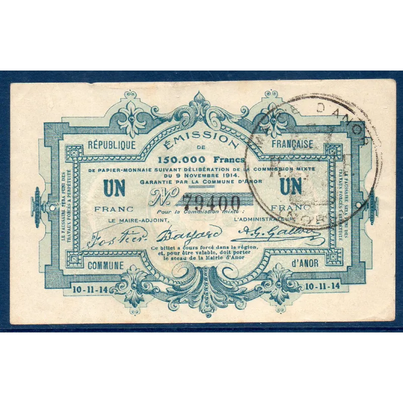 Bon municipal Anor 1 franc, TB, 9.11.1914 Pirot 59-83 Billet Bon municipal Anor 1 franc, TB, 9.11.1914 Pirot 59-83 Billet