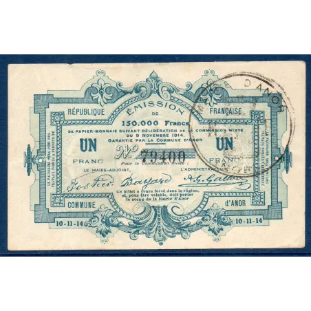 Bon municipal Anor 1 franc, TB, 9.11.1914 Pirot 59-83 Billet