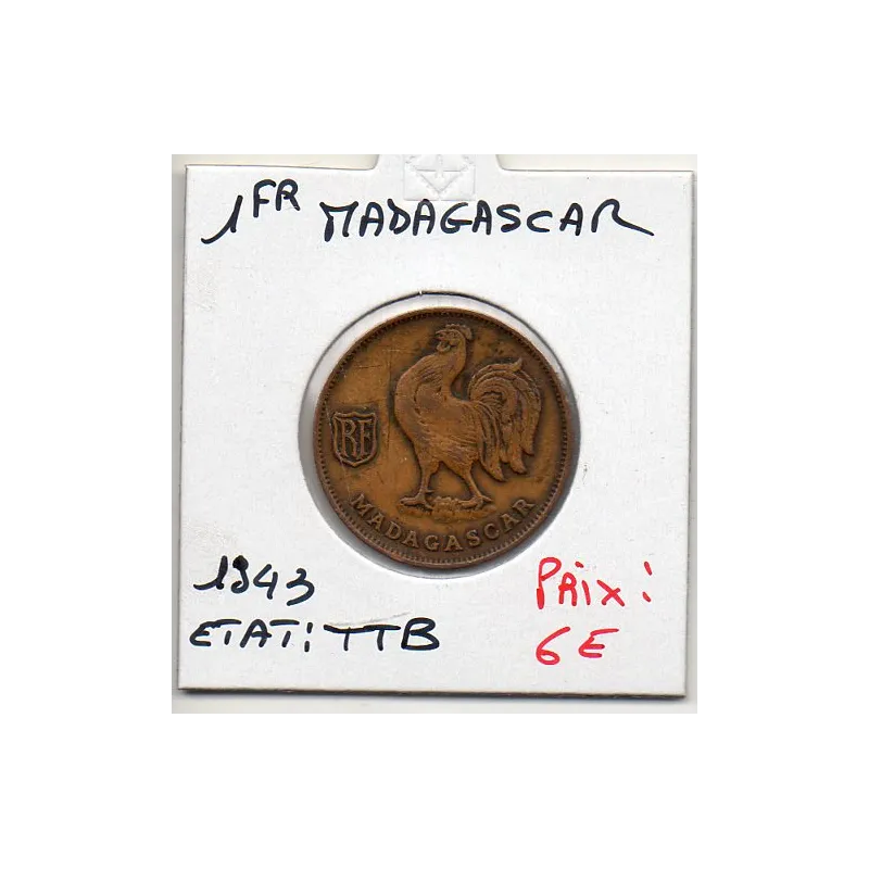 Madagascar 1 franc 1943 TTB, Lec 94 pièce de monnaie Madagascar 1 franc 1943 TTB, Lec 94 pièce de monnaie