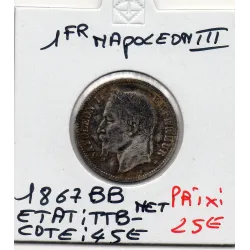 1 franc Napoléon III tête laurée 1867 BB Strasbourg TTB-