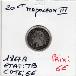20 centimes Napoléon III tête laurée 1867 A Paris TB, France pièce de monnaie