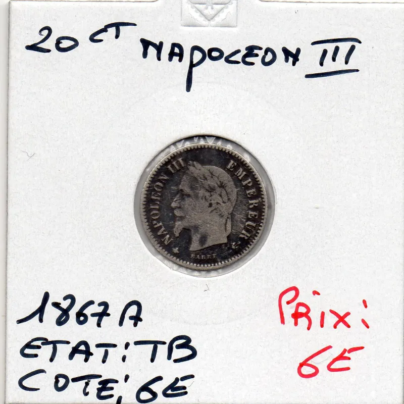 20 centimes Napoléon III tête laurée 1867 A Paris TB, France pièce de monnaie 20 centimes Napoléon III tête laurée 1867 A Paris TB, France pièce de monnaie