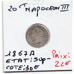20 centimes Napoléon III tête laurée 1867 A Paris Sup-