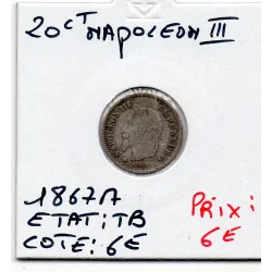 20 centimes Napoléon III tête laurée 1867 A Paris TB