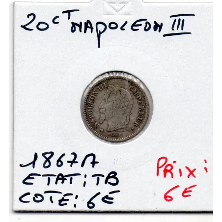 20 centimes Napoléon III tête laurée 1867 A Paris TB