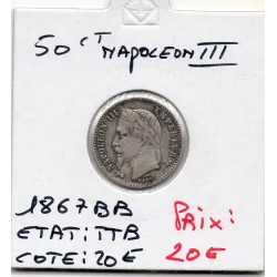 50 centimes Napoléon III tête laurée 1867 BB Strasbourg TTB