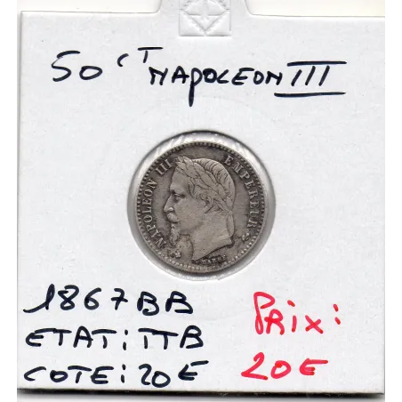 50 centimes Napoléon III tête laurée 1867 BB Strasbourg TTB