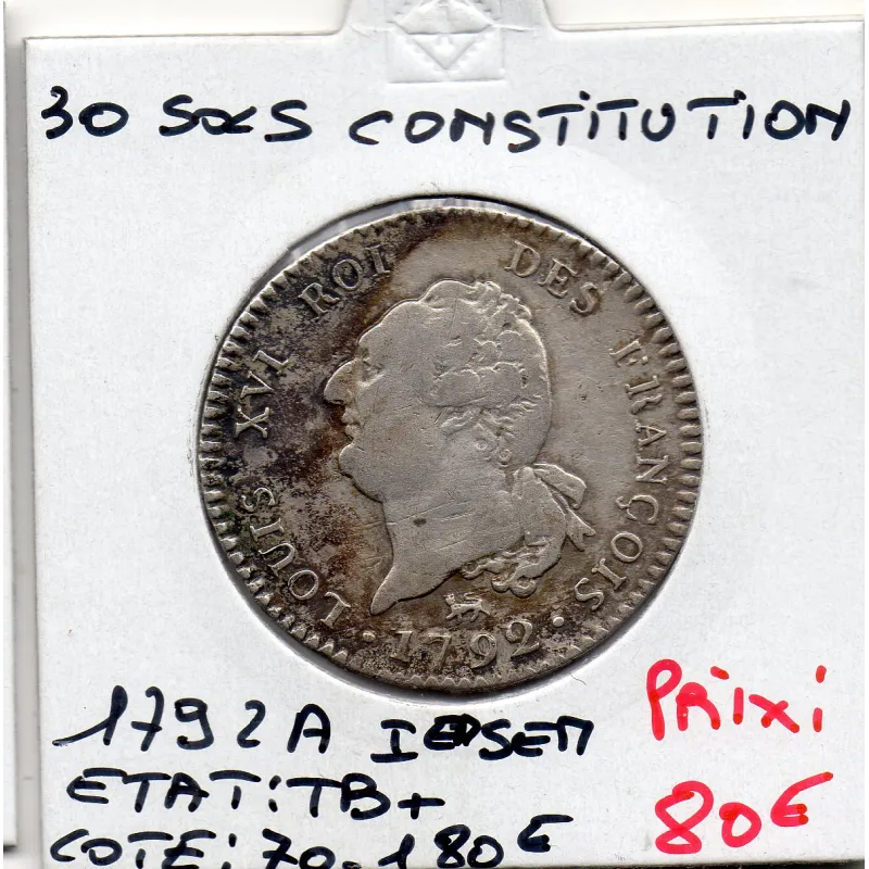 30 Sols Constitution Louis XVI 1791 A paris 1er semestre TB+ 30 Sols Constitution Louis XVI 1791 A paris 1er semestre TB+