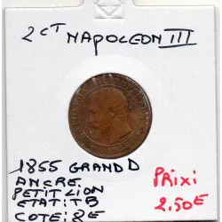 2 centimes Napoléon III tête nue 1855 grand D Ancre petit Lion TB