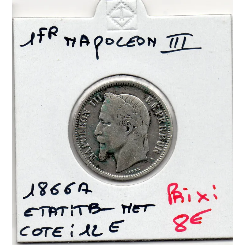 1 franc Napoléon III tête laurée 1866 A Paris TB- nettoyée 1 franc Napoléon III tête laurée 1866 A Paris TB- nettoyée
