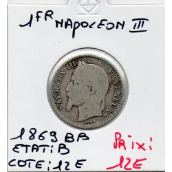 1 franc Napoléon III tête laurée 1869 BB Strasbourg B