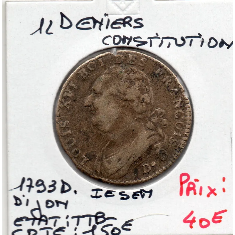 12 denier Constitution Louis XVI 1793 D. Dijon TTB- 12 denier Constitution Louis XVI 1793 D. Dijon TTB-
