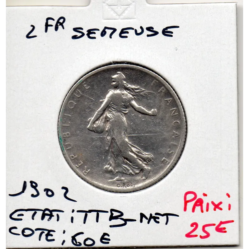 2 Francs Semeuse Argent 1902 TTB- nettoyée 2 Francs Semeuse Argent 1902 TTB- nettoyée