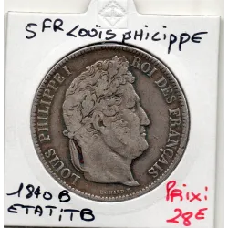5 francs Louis Philippe 1840 B Rouen TB