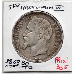 5 francs Napoléon III tête laurée 1868 BB Strasbourg TTB