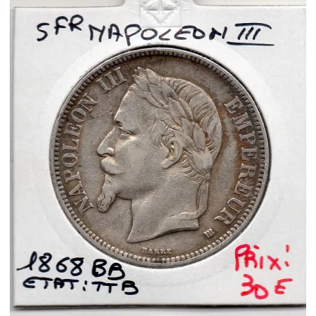 5 francs Napoléon III tête laurée 1868 BB Strasbourg TTB