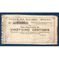 Bon ville Roisel 25 centimes, TB, 14.4.1915 Pirot 80-436 Billet