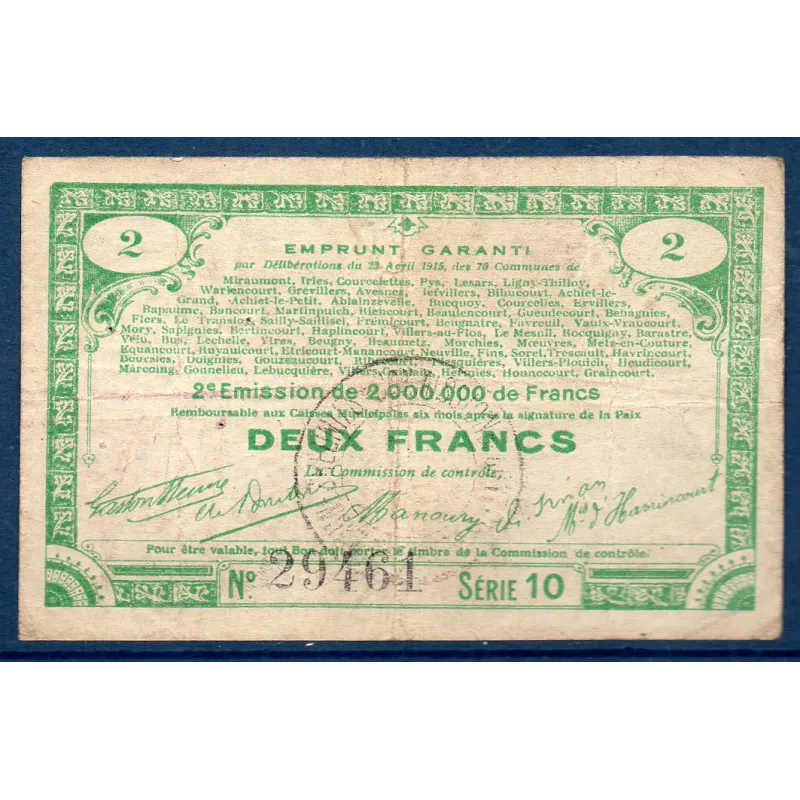 Bon emprunt 70 communes (Départ 59-62-80) 2 francs, TB, 23.4.1915 Pirot 62-71 Billet