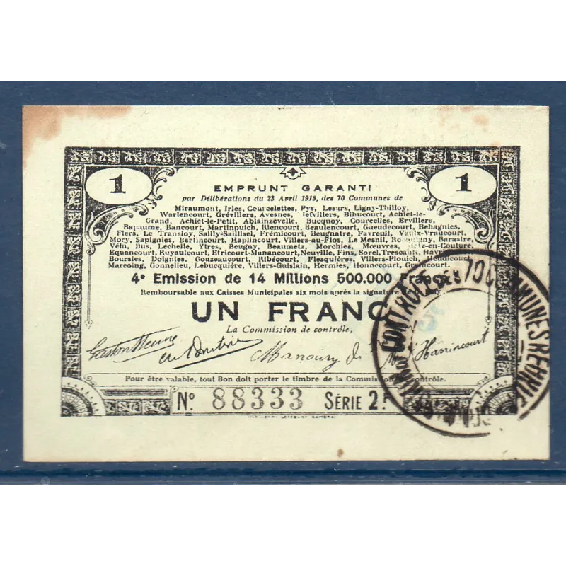 Bon emprunt 70 communes (Départ 59-62-80) 1 franc, TTB, 23.4.1915 Pirot 62-79 Billet