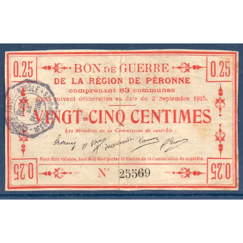 Bon guerre Région Péronne 25 centimes, TB, 2.9.1915 Pirot 80-412 Billet Bon guerre Région Péronne 25 centimes, TB, 2.9.1915 Pirot 80-412 Billet