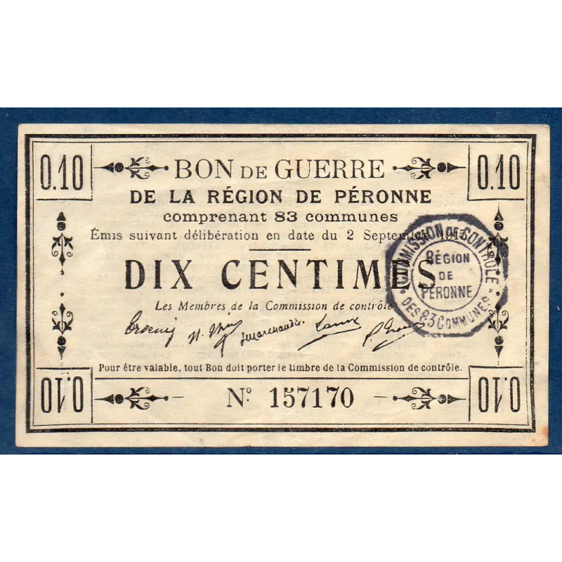 Bon guerre Région Péronne 10 centimes, TTB-, 2.9.1915 Pirot 80-411 Billet Bon guerre Région Péronne 10 centimes, TTB-, 2.9.1915 Pirot 80-411 Billet