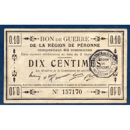 Bon guerre Région Péronne 10 centimes, TTB-, 2.9.1915 Pirot 80-411 Billet