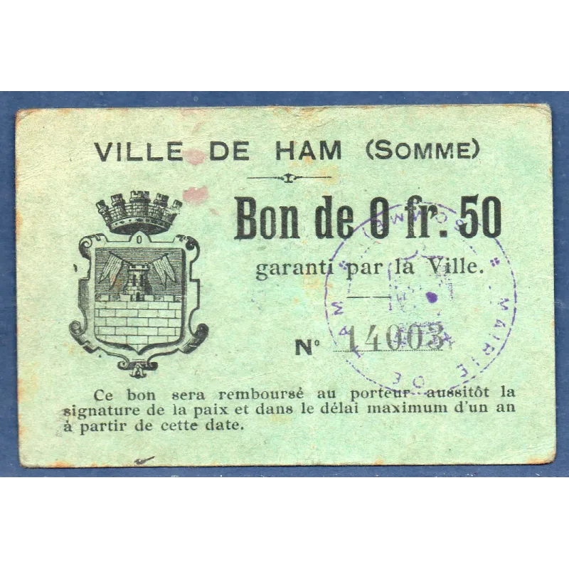 Bon ville Ham 50 centimes, TB, ND Pirot 80-236 Billet Bon ville Ham 50 centimes, TB, ND Pirot 80-236 Billet