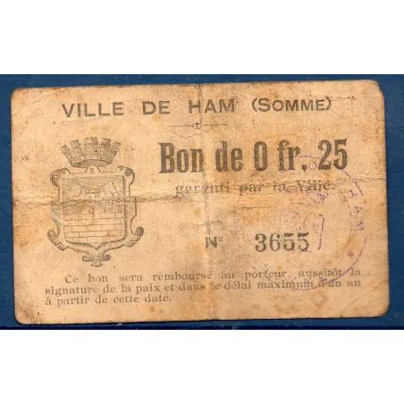 Bon ville Ham 25 centimes, B, ND Pirot 80-235 Billet
