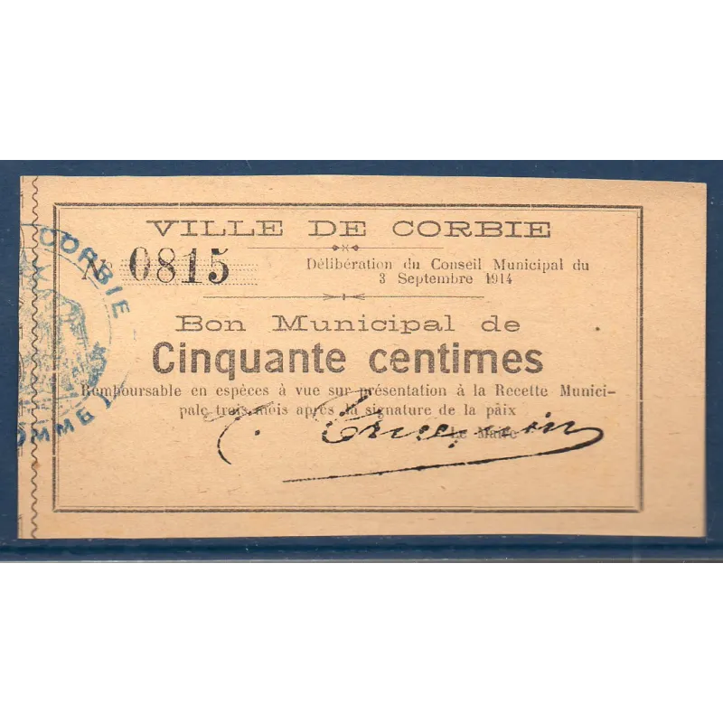 Bon ville Corbie 50 centimes, Spl, 3.9.1914 Pirot 80-57 Billet Bon ville Corbie 50 centimes, Spl, 3.9.1914 Pirot 80-57 Billet