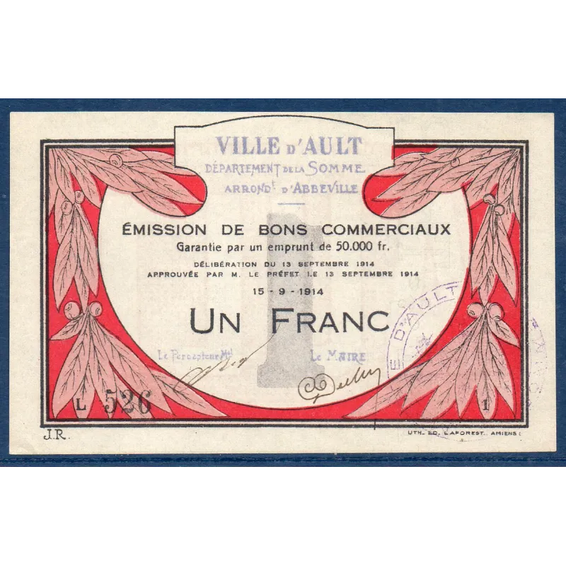 Bon ville Ault 1 franc, Spl, 15.9.1914 Pirot 80-05 Billet Bon ville Ault 1 franc, Spl, 15.9.1914 Pirot 80-05 Billet