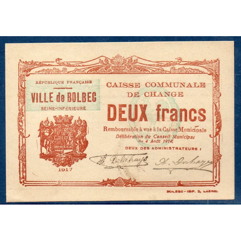 Bon ville Bolbec 2 francs, Sup, 1917 Pirot 76-18 Billet Bon ville Bolbec 2 francs, Sup, 1917 Pirot 76-18 Billet
