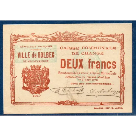 Bon ville Bolbec 2 francs, Sup, 1917 Pirot 76-18 Billet