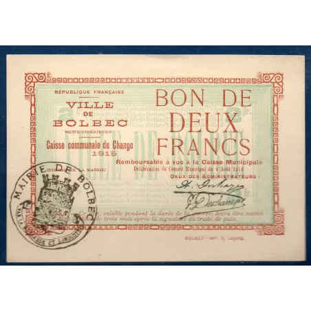 Bon ville Bolbec 2 francs, Sup, 1915 Pirot 76-07 Billet