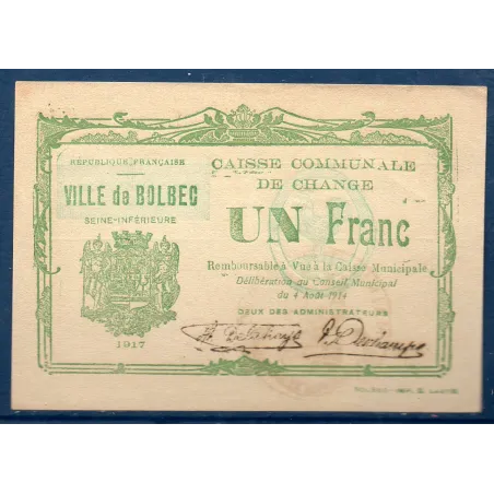 Bon ville Bolbec 1 franc, Sup, 1917 Pirot 76-17 Billet