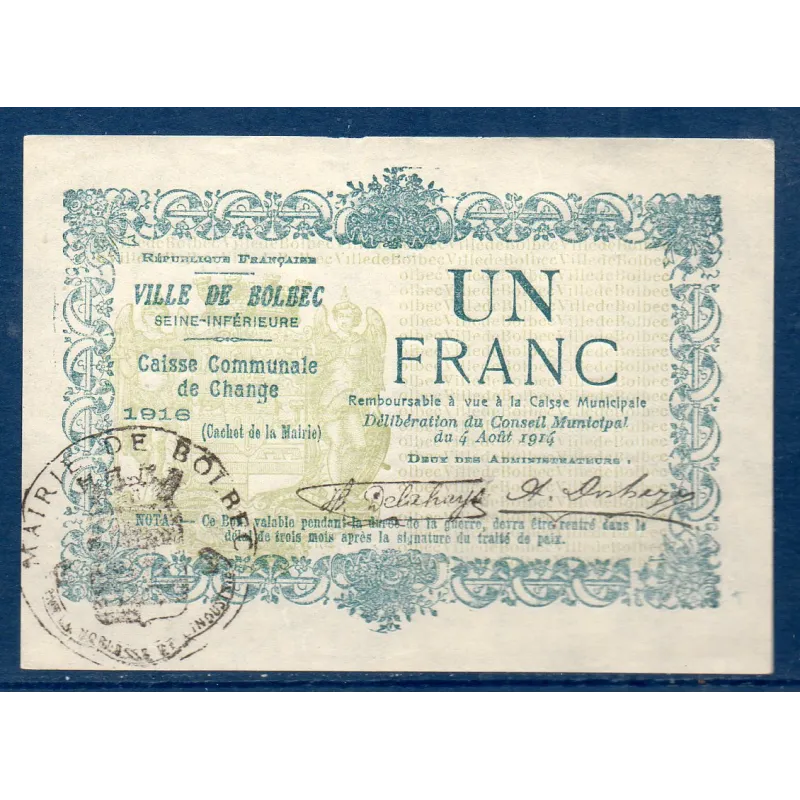 Bon ville Bolbec 1 franc, Sup, 1916 Pirot 76-13 Billet