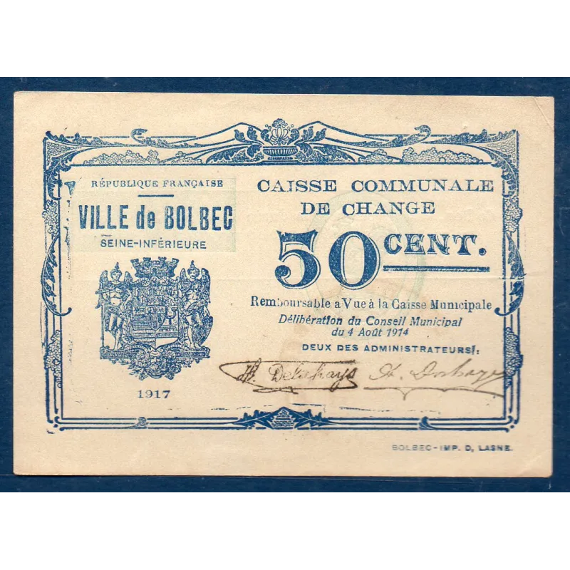Bon ville Bolbec 50 centimes, Sup, 1917 Pirot 76-16 Billet Bon ville Bolbec 50 centimes, Sup, 1917 Pirot 76-16 Billet