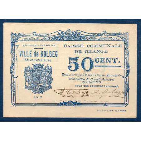 Bon ville Bolbec 50 centimes, Sup, 1917 Pirot 76-16 Billet