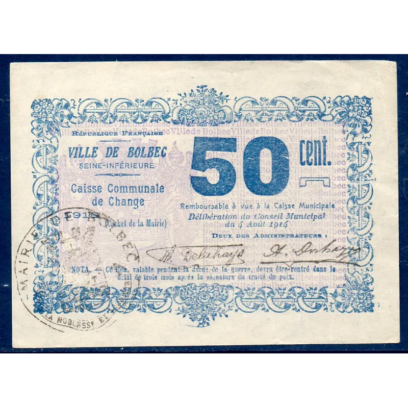 Bon ville Bolbec 50 centimes, Sup, 1916 Pirot 76-12 Billet Bon ville Bolbec 50 centimes, Sup, 1916 Pirot 76-12 Billet