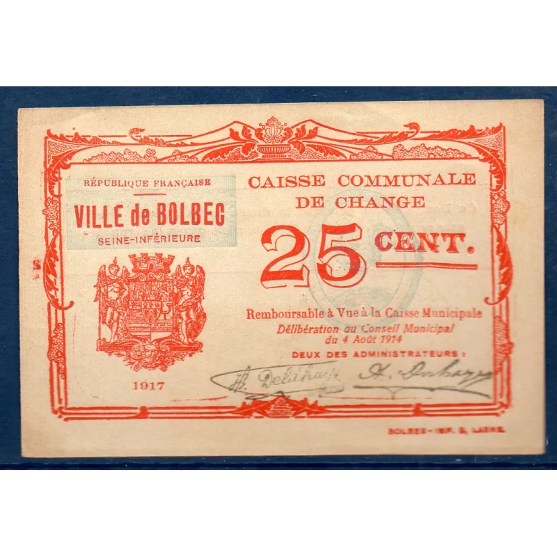 Bon ville Bolbec 25 centimes, Sup, 1917 Pirot 76-15 Billet Bon ville Bolbec 25 centimes, Sup, 1917 Pirot 76-15 Billet