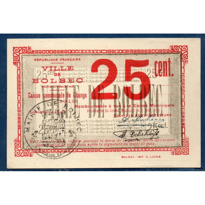 Bon ville Bolbec 25 centimes, Sup, 1915 Pirot 76-05 Billet