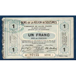 Bon ville Région Solesmes 1 franc, TTB-, ND Pirot 59-2353 Billet