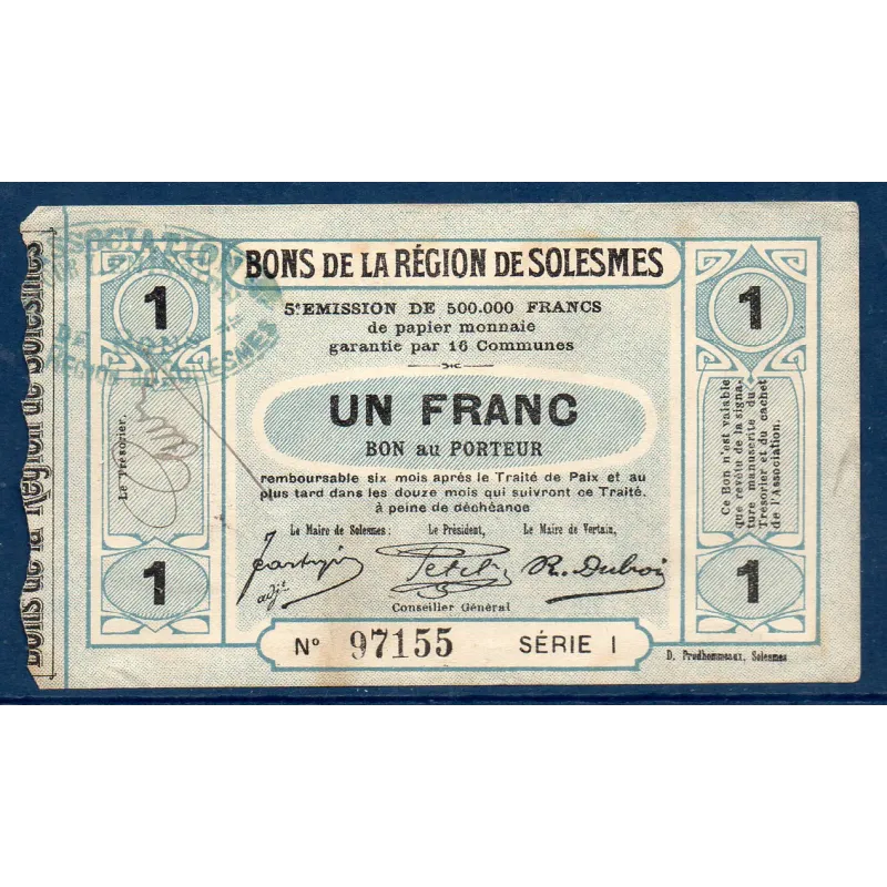 Bon ville Région Solesmes 1 franc, TTB-, ND Pirot 59-2353 Billet Bon ville Région Solesmes 1 franc, TTB-, ND Pirot 59-2353 Billet