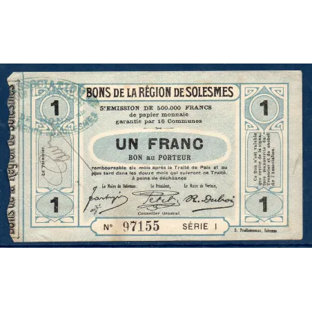 Bon ville Région Solesmes 1 franc, TTB-, ND Pirot 59-2353 Billet
