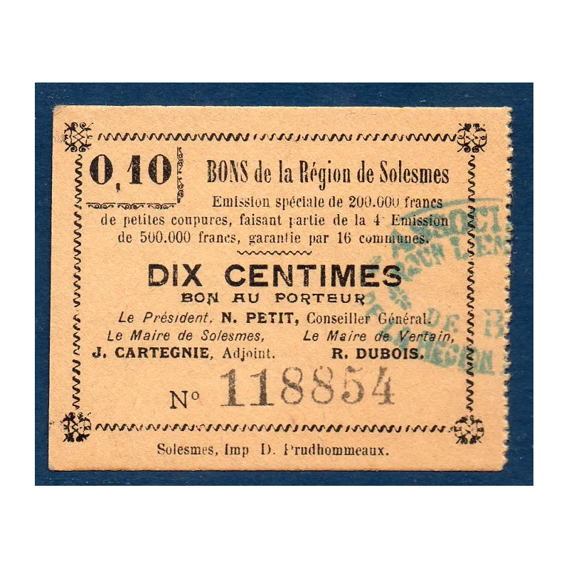 Bon ville Région Solesmes 10 centimes, Neuf, ND Pirot 59-2364 Billet Bon ville Région Solesmes 10 centimes, Neuf, ND Pirot 59-2364 Billet